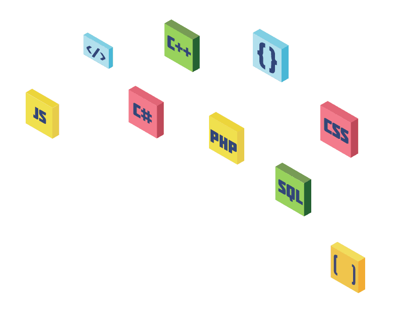 The image displays a set of floating blocks, each representing different programming languages or technologies. Among the visible blocks are icons for: - JavaScript (JS) - C++ - C# - PHP - SQL - CSS These blocks are arranged in a 3D perspective, highlighting various coding languages used in software development and web programming. The colorful and geometric design emphasizes the diversity of coding skills and languages.